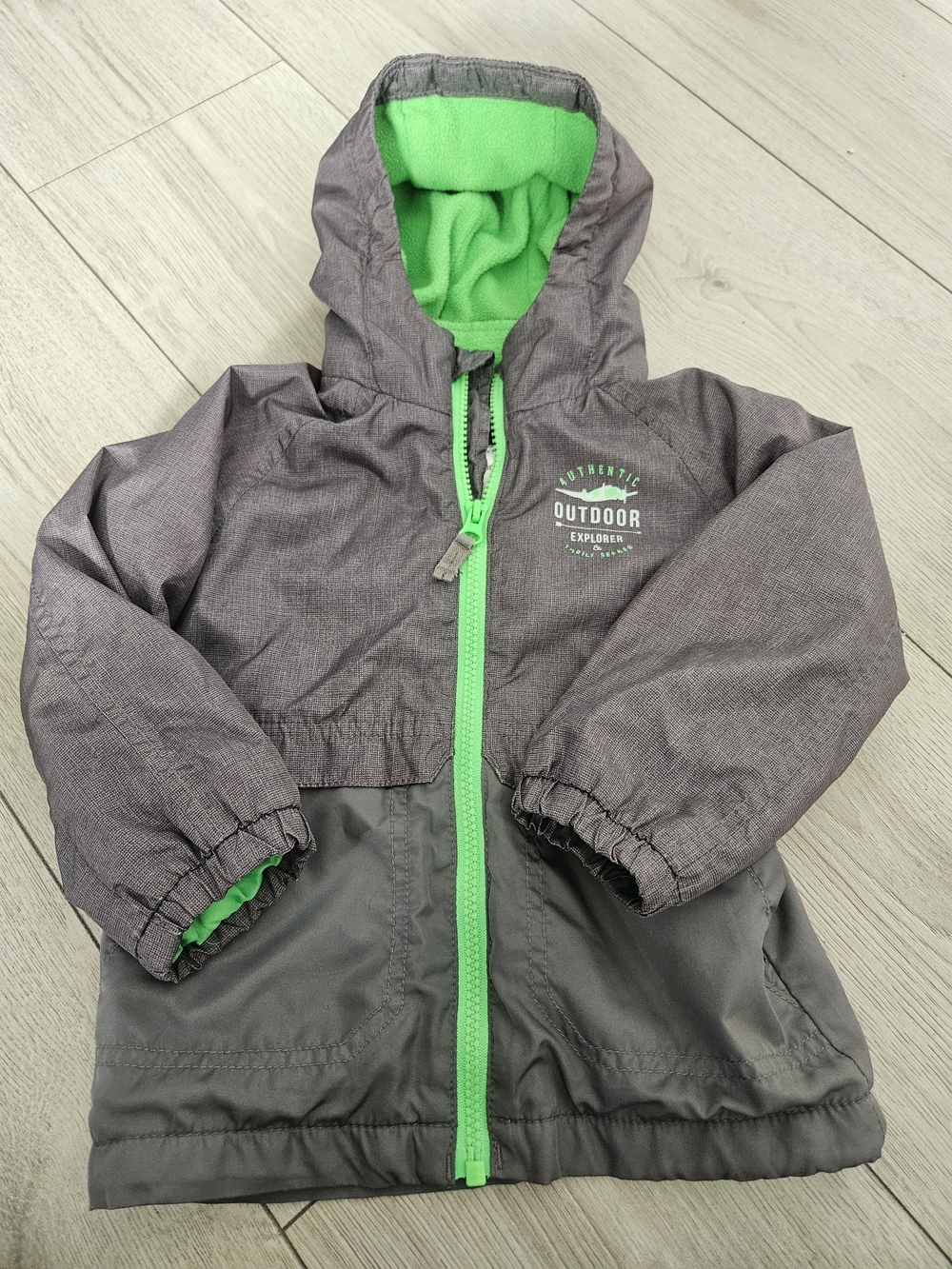 Carter's Toddler Boys Grey Neon Green Fleece Lined Hooded Fall Jacket 24M 🧥🟢
